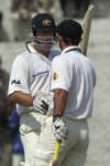 Mark Waugh is congratulated by Ponting after his 100.